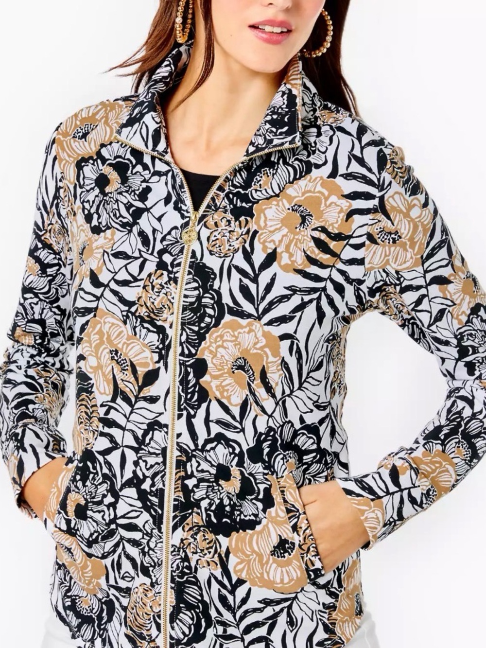 Lilly Pulitzer Luxletic Full Zip Jacket XL Tiger Floral Black Tan Gold